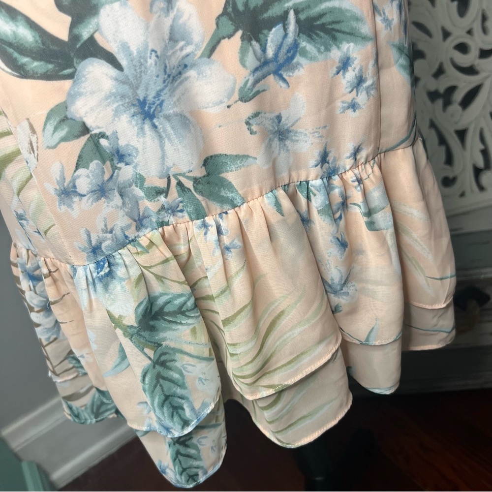 Lulus Sunrise Journey Blush Floral Lace Up Ruffle Mini Dress Size Small - Picture 7 of 16